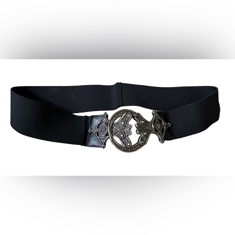 Chico's Womens Belt Wide Black Silver Tone Buckle Stretch  Size Large